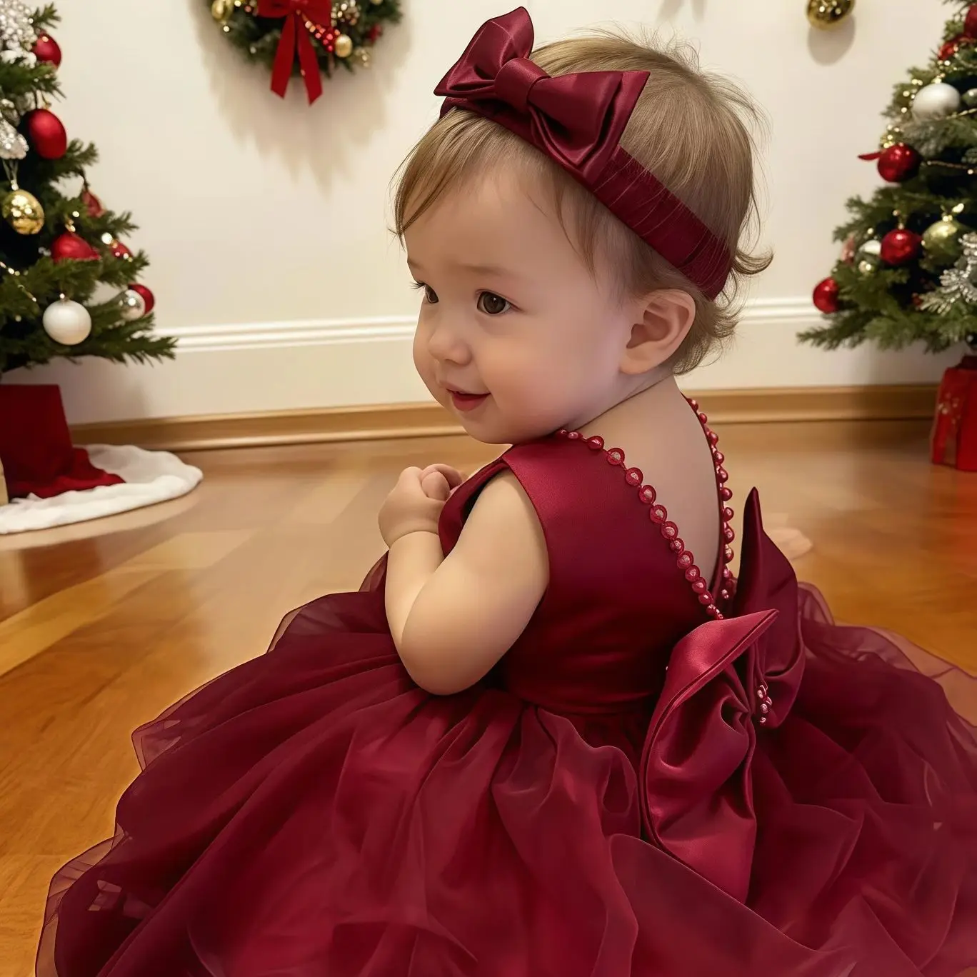 Elegant Baby Flower Girls Dress Infant Beading Bow Evening Red Dress For Toddlers Baptism Birthday Party Christmas New Year Gown - Image 2