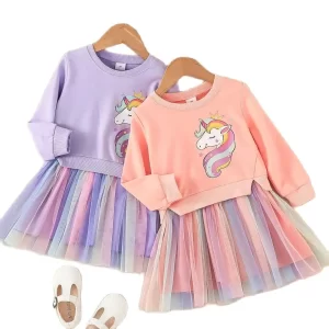 New Unicorn Girls Dress Autumn Spring Children Clothing Cotton Toddler Costume Birthday Party Kids Casual Princess Mesh Dress
