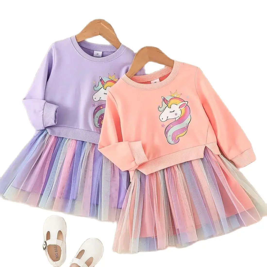 New Unicorn Girls Dress Autumn Spring Children Clothing Cotton Toddler Costume Birthday Party Kids Casual Princess Mesh Dress