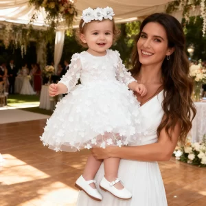 Baby Girls Flowers Tulle White Princess Dress With Headband For Infant Baptism Wedding Birthday Party Pageant Communion Gown