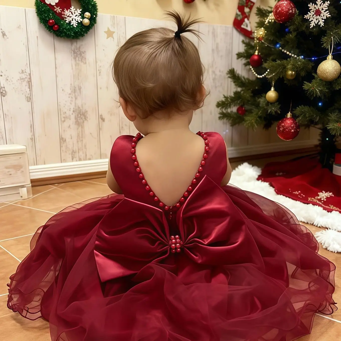 Elegant Baby Flower Girls Dress Infant Beading Bow Evening Red Dress For Toddlers Baptism Birthday Party Christmas New Year Gown - Image 3