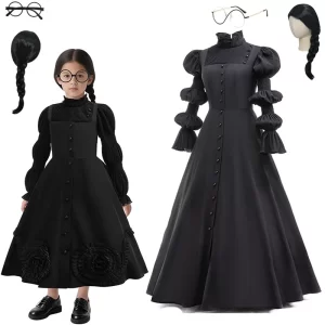 Movie Wicked Witch Cosplay Costume Black Deluxe Dress With Wigs Glasses For Adults Halloween Party Dress Up Parent-Child Outfits