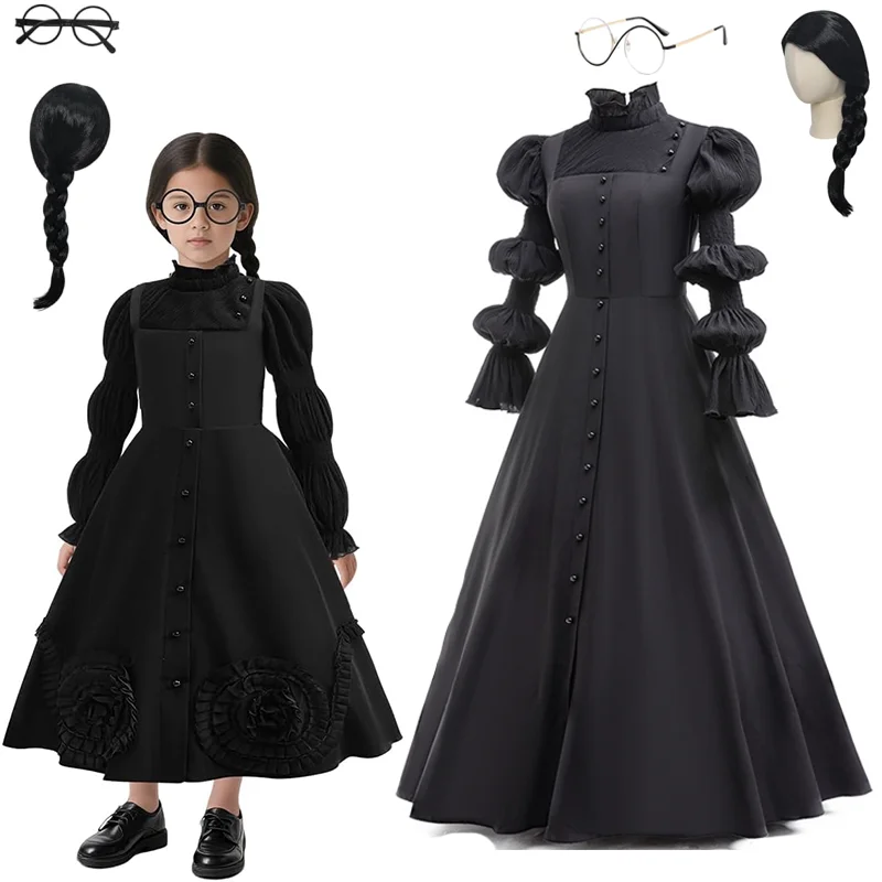 Movie Wicked Witch Cosplay Costume Black Deluxe Dress With Wigs Glasses For Adults Halloween Party Dress Up Parent-Child Outfits