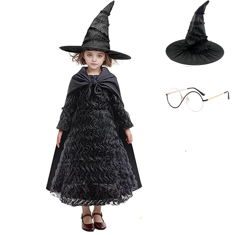 Wicked Elphaba Cosplay Costume Black Long Dress With Cape Witch Hat And Glasses For Girls Halloween Birthday Prom Party Outfit