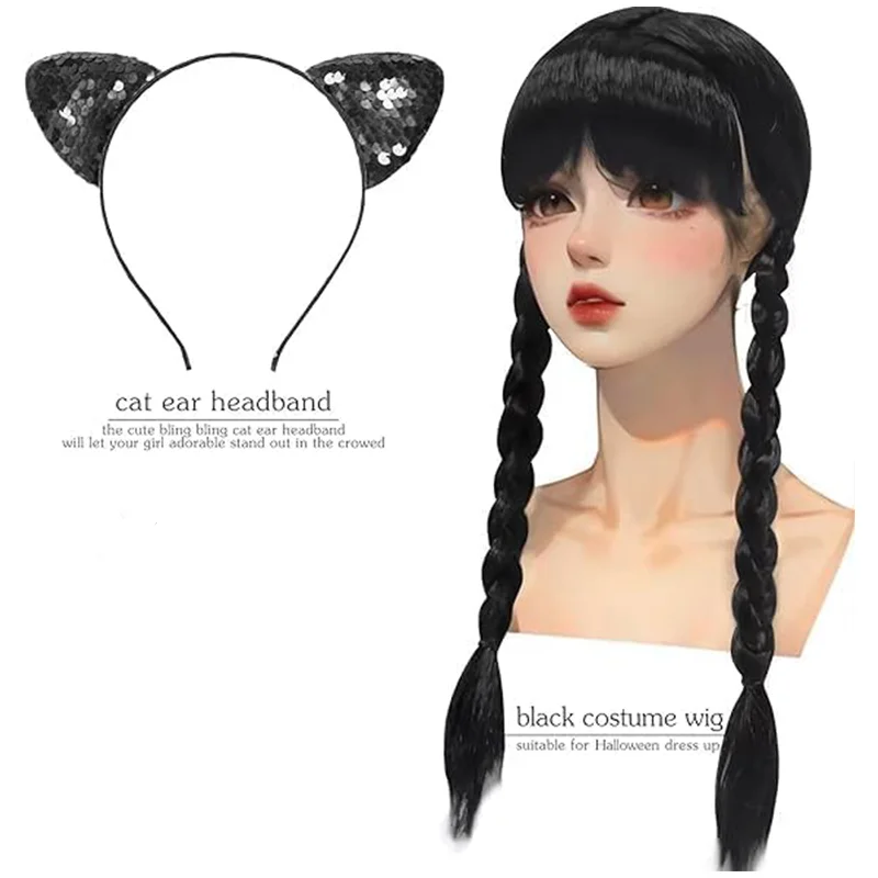 Girls Gothic Princess Costume Black Dress Cosplay With Kids Wig Cat Ears Headband And Socks Carnival Birthday Halloween 4-14 Yrs - Image 5