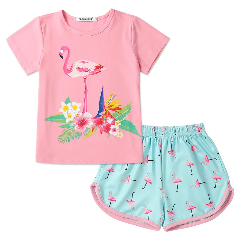 Children's Summer Casual Clothing Baby Girls Animals Printed Pink T-Shirts+Shorts Two-Piece For Kids Pajamas Set Home Wear Suits