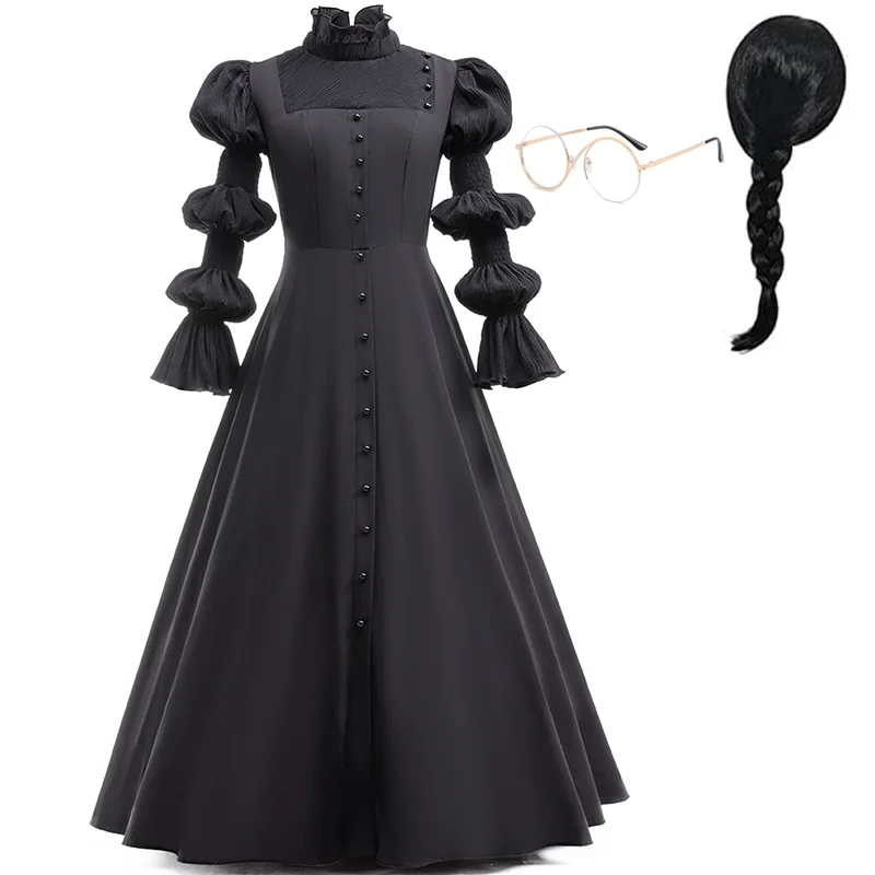Movie Wicked Witch Cosplay Costume Black Deluxe Dress With Wigs Glasses For Adults Halloween Party Dress Up Parent-Child Outfits - Image 3