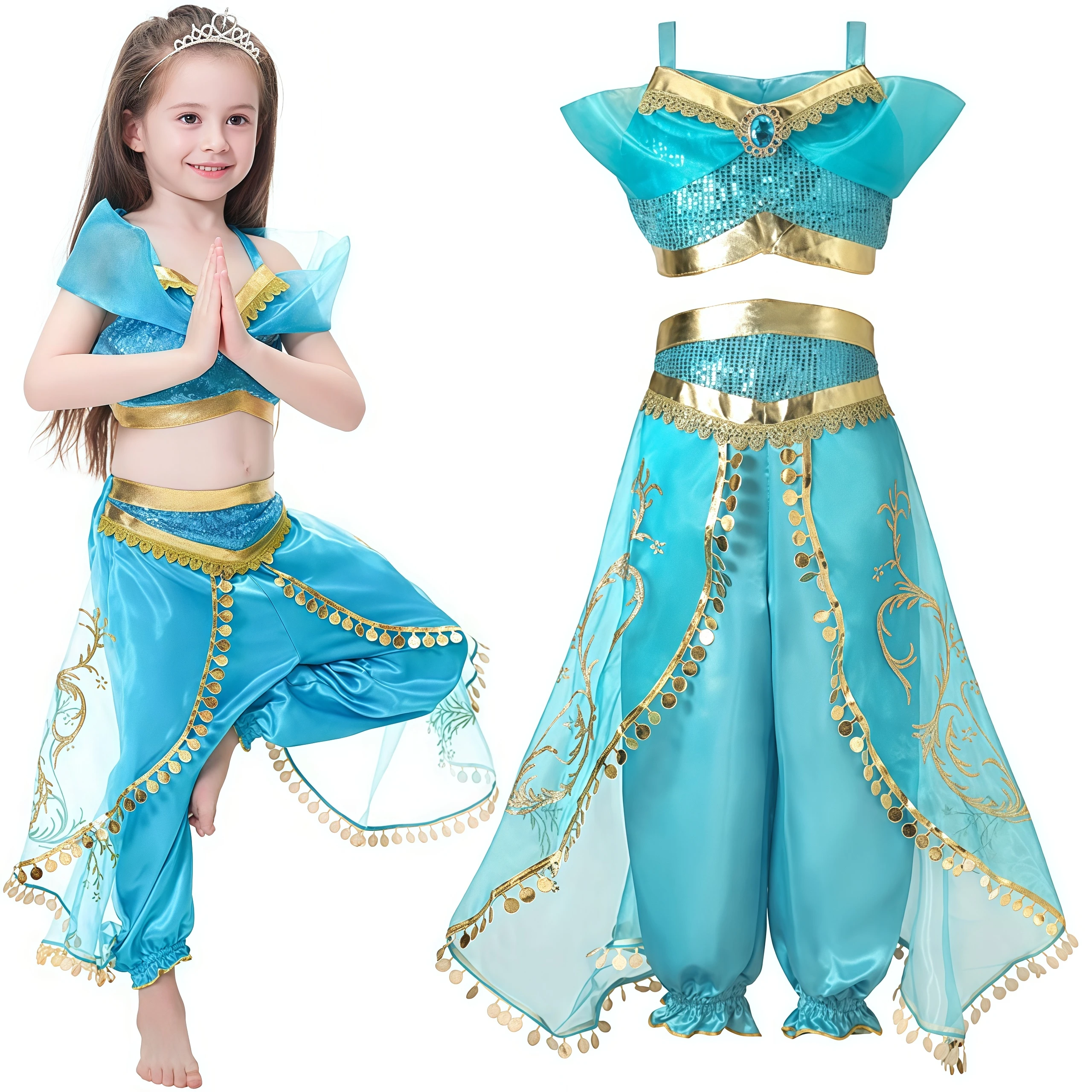 Kids Arabian Sequins Princess Dress Girls Halloween Jasmine Costume For Children Carnival Cosplay Party Disguise Fancy Outfits