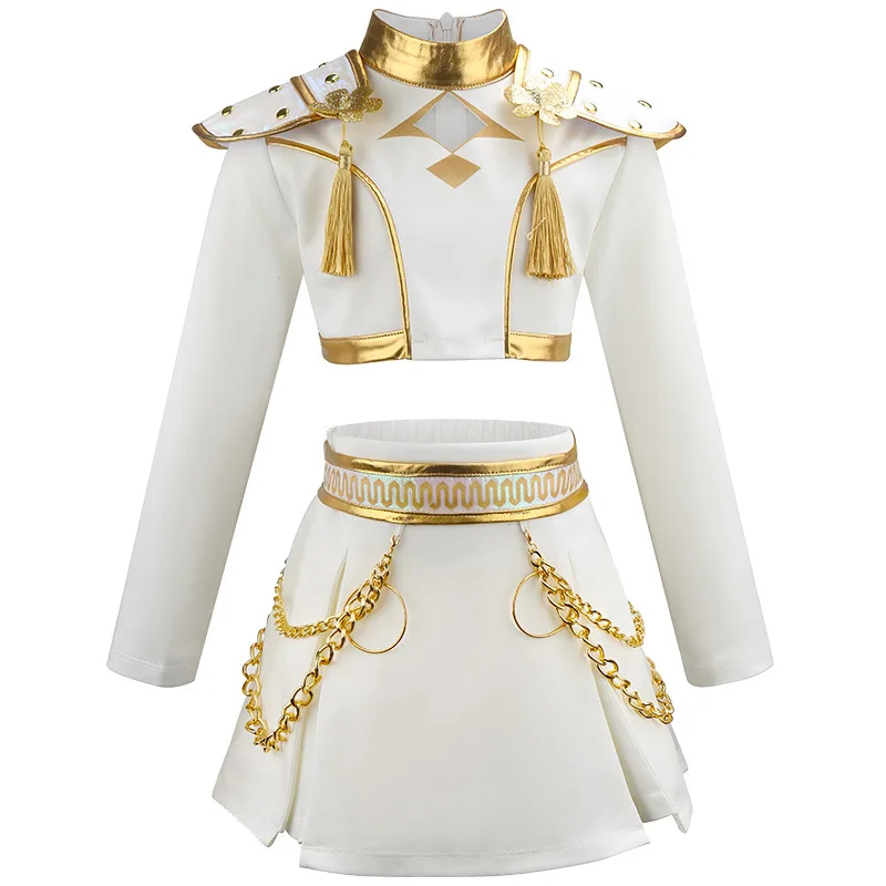 Movie Mira Demon Cosplay Costume Sets Children White Uniform Tops With Skirts For Girls Huntrix Halloween Party Role Play Outfit