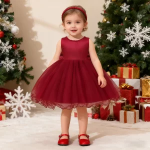 Elegant Baby Flower Girls Dress Infant Beading Bow Evening Red Dress For Toddlers Baptism Birthday Party Christmas New Year Gown