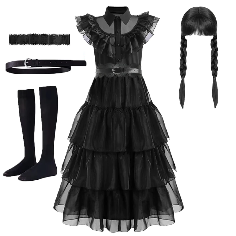 Girls Gothic Princess Costume Black Dress Cosplay With Kids Wig Cat Ears Headband And Socks Carnival Birthday Halloween 4-14 Yrs - Image 2