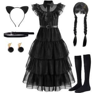 Girls Gothic Princess Costume Black Dress Cosplay With Kids Wig Cat Ears Headband And Socks Carnival Birthday Halloween 4-14 Yrs