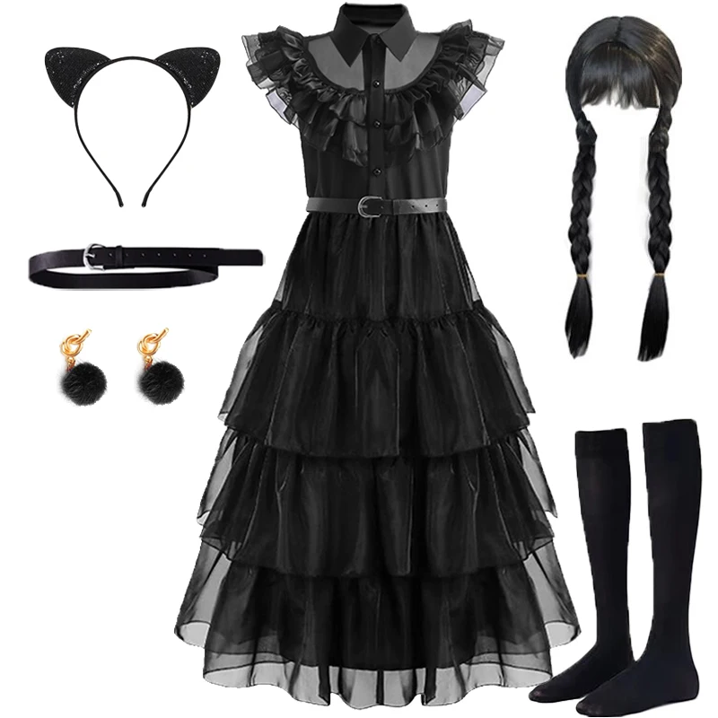 Girls Gothic Princess Costume Black Dress Cosplay With Kids Wig Cat Ears Headband And Socks Carnival Birthday Halloween 4-14 Yrs