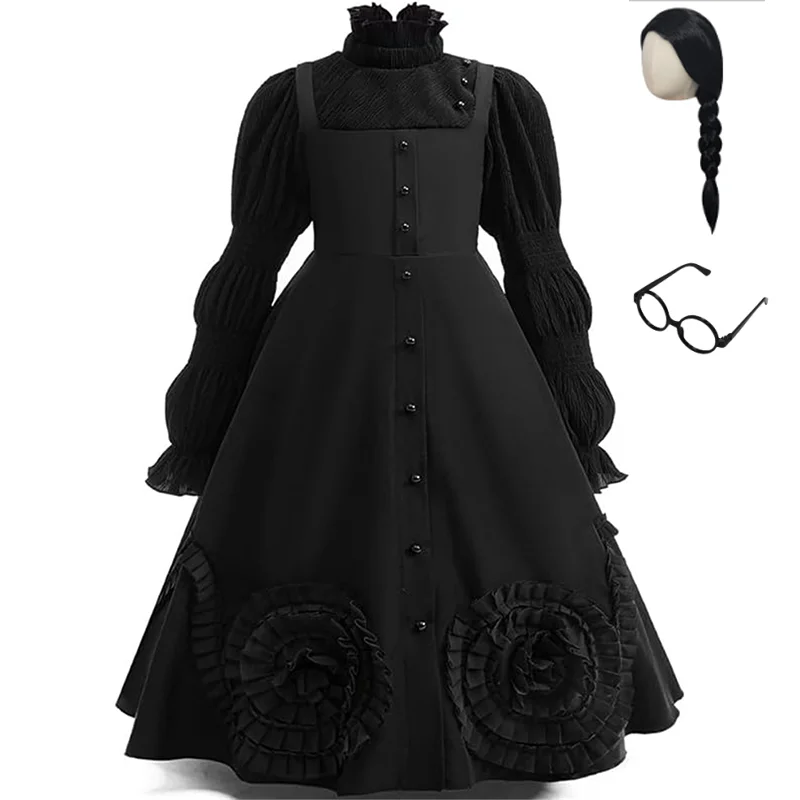 Movie Wicked Witch Cosplay Costume Black Deluxe Dress With Wigs Glasses For Adults Halloween Party Dress Up Parent-Child Outfits - Image 4