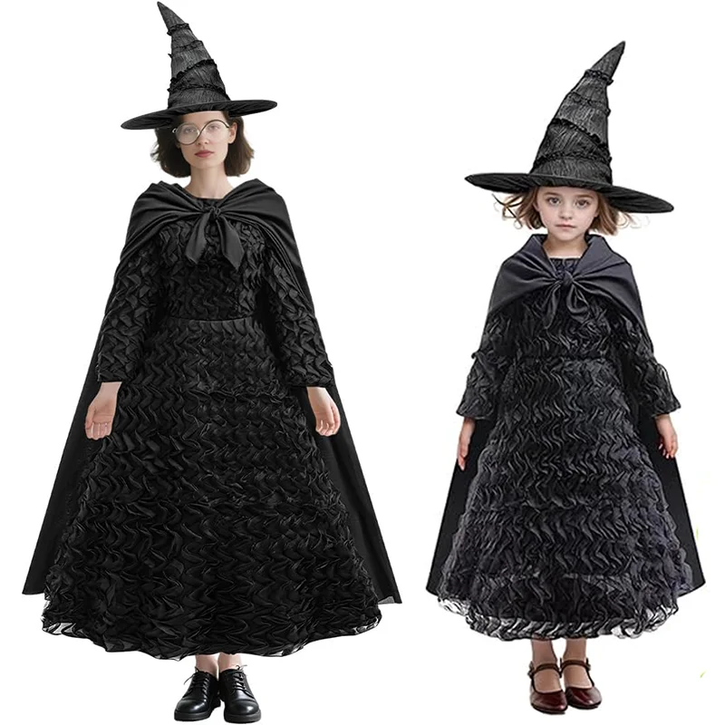 Wizard Movie Mother Kids Parent-Child Outfit Black Witch Dress With Hat Glasses For Adults Female Halloween Prom Cosplay Costume