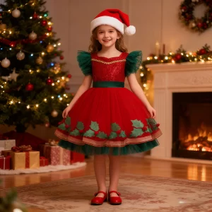 Kids Christmas Clothing Children Red Sequins Tulle Princess Dress With Santa Hat For Girls Xmas Birthday Party New Year Outfits